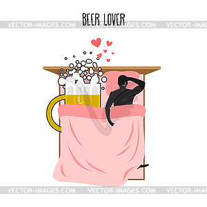 Beer lover. Beer mug and man. Lovers in bed top - vector image