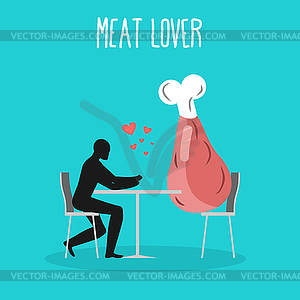 Meat lovers. Lover in cafe. Man and ham sits at - vector clip art