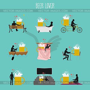 Beer lover set. Love of Beer mug collection. Man an - vector image