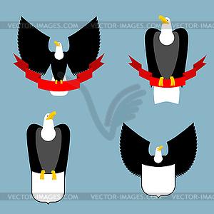 Eagle and red ribbon set. Black bird predator. - vector image