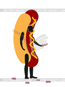 Hot dog mascot promoter. Mman dressed as fast-food - vector EPS clipart
