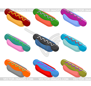 Hot dog multicolored set. Unusual Fast food - vector image