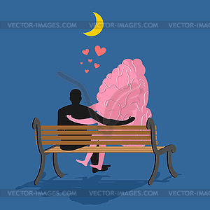 Man and brain sitting on bench. Lovers looking at - vector image