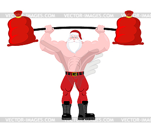 Strong Santa Claus lift barbell of red bag gifts. - vector image