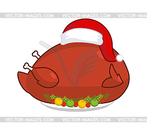 Big Roast turkey in Santa Claus cap. Christmas - vector clipart