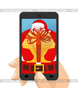 Christmas Photo Santa to give gift. Photographing - vector clipart