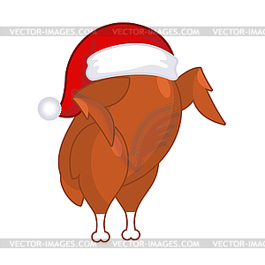 Christmas turkey in Santa Claus cap. Roast fowl on - vector clip art