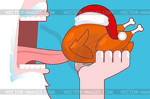 Santa eating Christmas turkey. Open mouth and teeth - vector EPS clipart