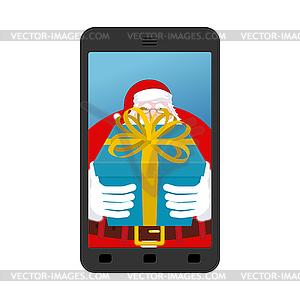 Christmas Photo Santa to give gift. Photographing - vector image