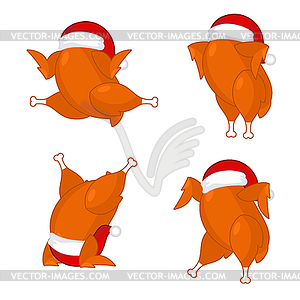 Christmas turkey in Santa cap. Roast fowl on plate - royalty-free vector image