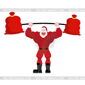 Сильный Санта-Клаус подъема штанги красного мешка подарков. - изображение в векторном виде