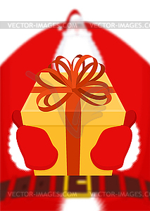 Santa gives gift for Christmas. Box with bow. Red - vector image