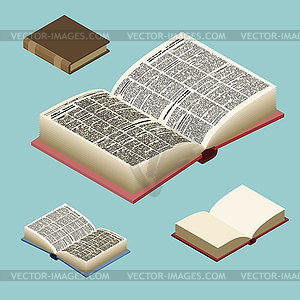 Book isometric set. Open volume . Ancient text. - vector image