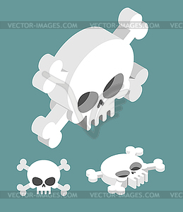 Skull isometric set. Head of skeleton and crossbones - vector clip art