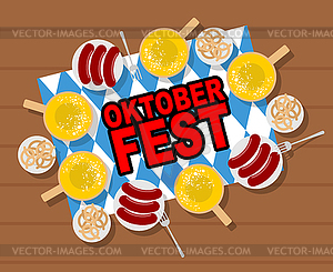 Oktoberfest: beer and sausages. Pretzels and grille - color vector clipart