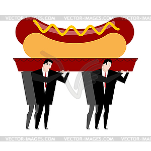 Funeral hot dog. Fast food is carried in coffin. - vector clipart