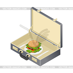 Business lunch case with hamburger and money. - color vector clipart