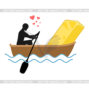 Lover gold. Man and Golden bullion and ride in boat - color vector clipart