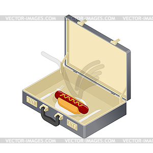 Business lunch, hotdog in case. Suitcase with fast - vector clipart