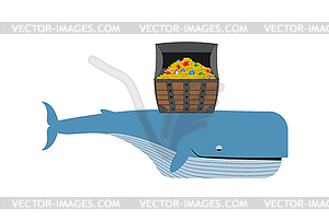Sperm whale and pirate treasure. Blue whale and - vector image