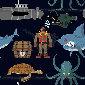 Deep sea seamless pattern. Diver and shark - vector clip art