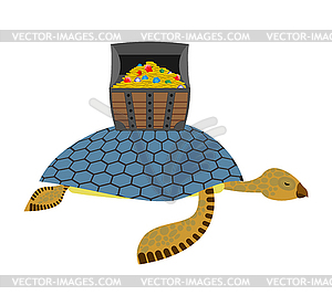 Water Turtle and treasure chest. Marine reptiles ar - vector image