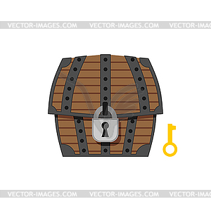 Old wooden chest with lock and key. Vintage box - vector image