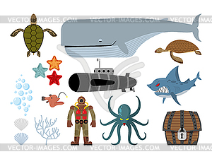 Подводный мир набор. Кит и подводная лодка, акула - клипарт в векторном формате