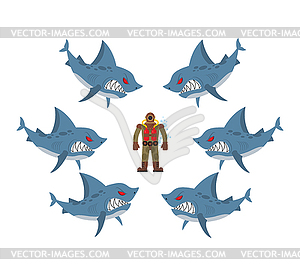 Злой акулы окружили человека в старом водолазном костюме. - векторный клипарт EPS