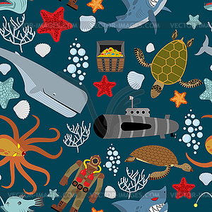 Marine seamless pattern. Inhabitants of ocean. Keit - vector clip art