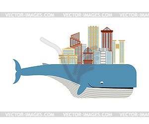 City on back of whale. Metropolis on big fish. - vector clipart