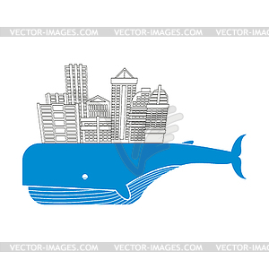 Town on whale. Water city. Modern metropolis on bac - vector clipart