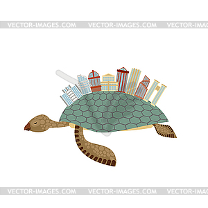 City on turtle. Building on animal reptiles. - vector image