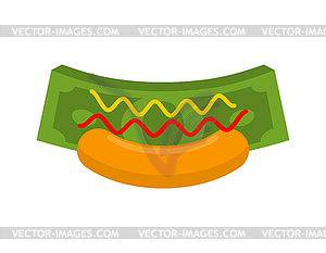 Бизнес-хот-дог. Деньги в булочке. Быстрые деньги. долларов - векторизованное изображение клипарта
