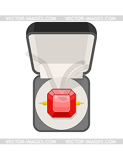 Ring with ruby in box top view. Jewel . expensive - vector clipart