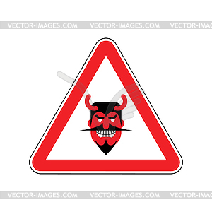 Attention devil. Dangers of red road sign. Satan - vector image