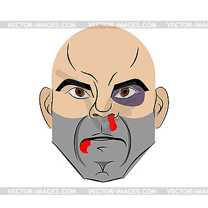 Beaten face. Blood of nose and black eye. Tattered - vector image