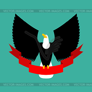 Eagle and red ribbon. Big black bird emblem - vector clip art