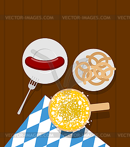 Oktoberfest food. Beer and sausages. Pretzels in - vector EPS clipart