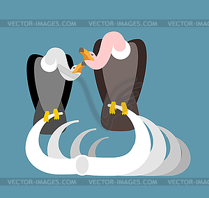 Vulture on bones. Buzzard and skeleton. Scavenger - vector clip art