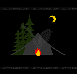 Camping night . Sun, forest and tent. Bonfire and - vector image