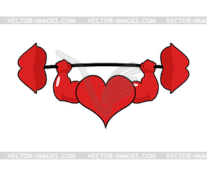 Heart strong. love powerful. Sport barbell kiss. - vector clipart