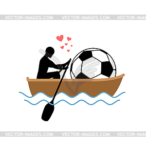 Lover Soccer. Guy and football ball ride in boat. - vector clipart