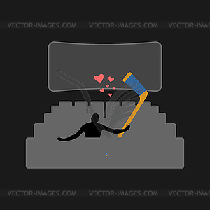 Lover hockey. Guy and hockey stick in movie theater - vector clipart