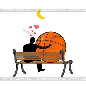 Lover Basketball. Guy and ball sitting on bench. - vector image