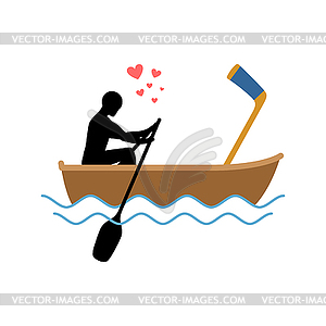 Lover hockey. Guy and hockey stick ride in boat. - vector clipart