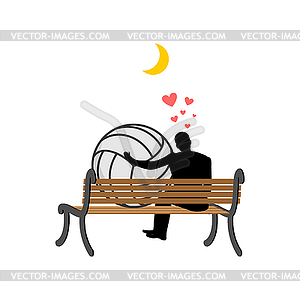 Lover volleyball. Guy and ball sitting on bench. - vector image