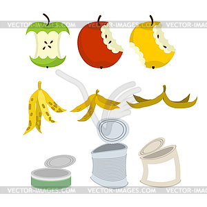 Rubbish set. Garbage collection. Apple core and pee - vector image