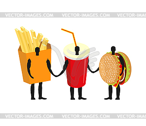 Fast food friends. French fries and hamburger. Drin - vector image