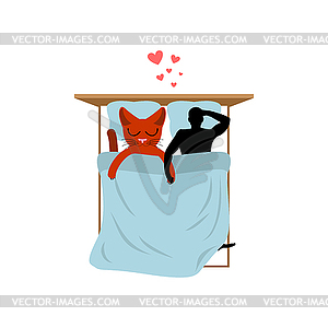 Cat lover in bed. my kitty. Lovers in Bedroom. Pet - vector image